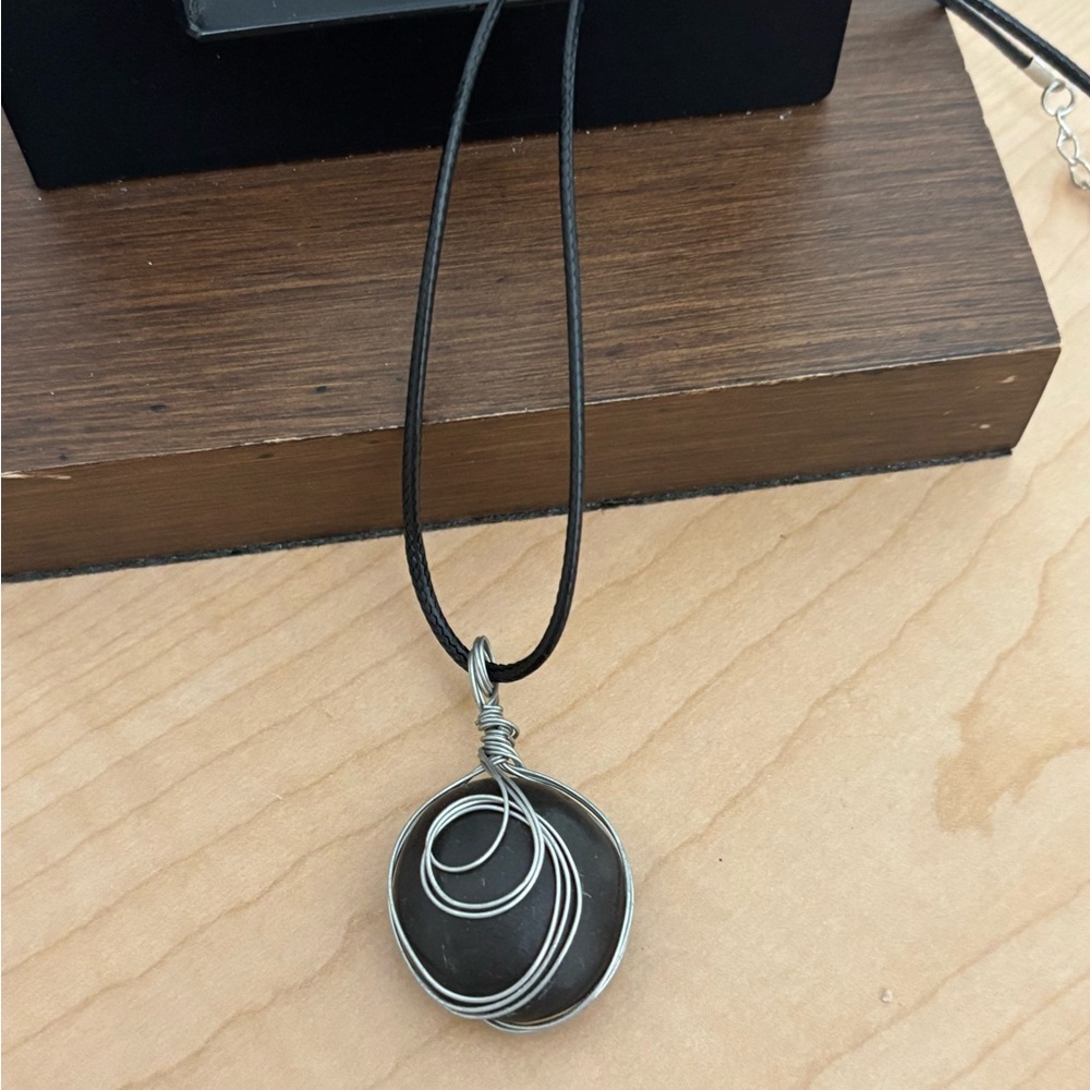 Black Stone Silver Tone Wire Wrapped Pendant Necklace/ Black Cord